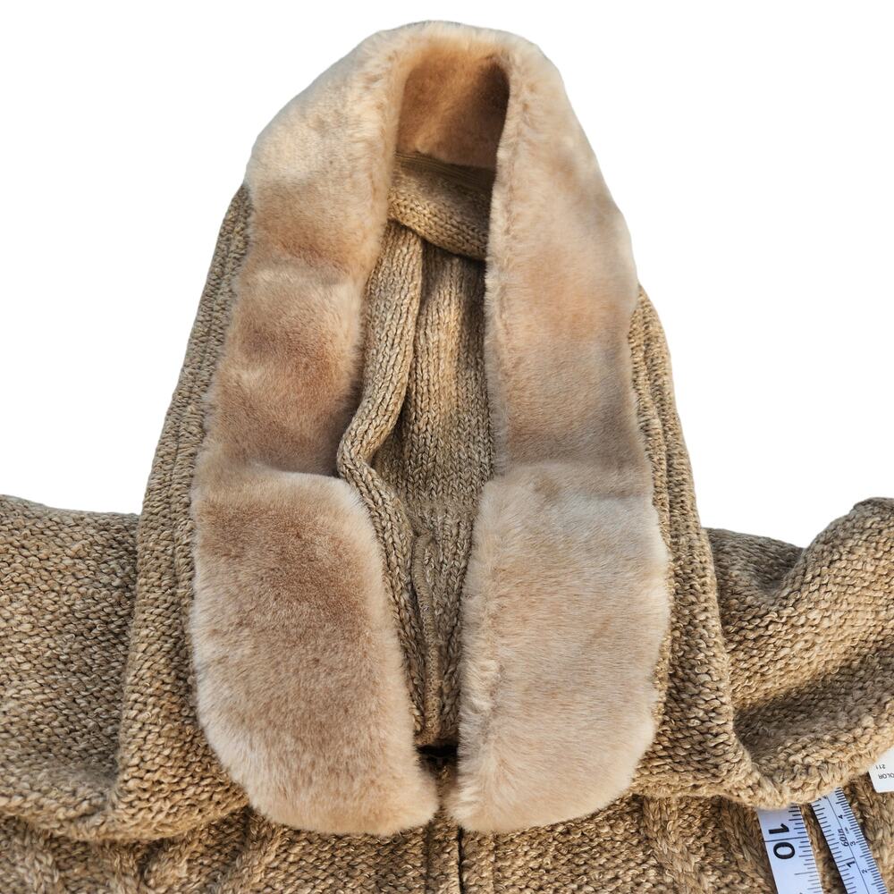 Small Oversized Tan Knit Coat Jacket Faux Fur Hood Zip Heavy Y2K Cozy - Picture 7 of 12